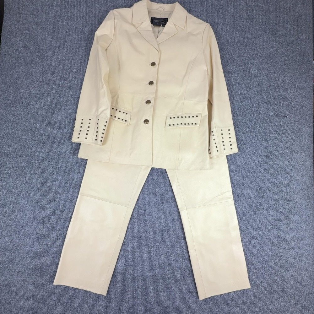Terry Lewis Pant Suit Set Womens M/12 Cream Leather Studded Jacket Pants 2 Piece